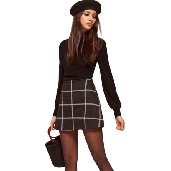 REFORMATION Skirt Size 2 Black White Plaid Mini Windowpane - Picture 1 of 6